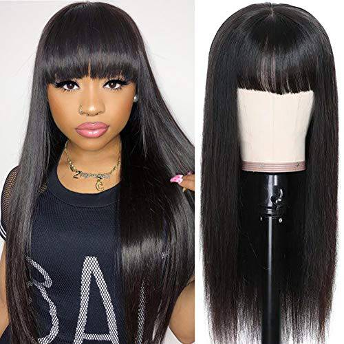 Pizazz 9A Lace Front Wigs Human Hair For Black Women 150% Density Half Machine Remy Brazilian Straight Human Hair Wigs With Bangs