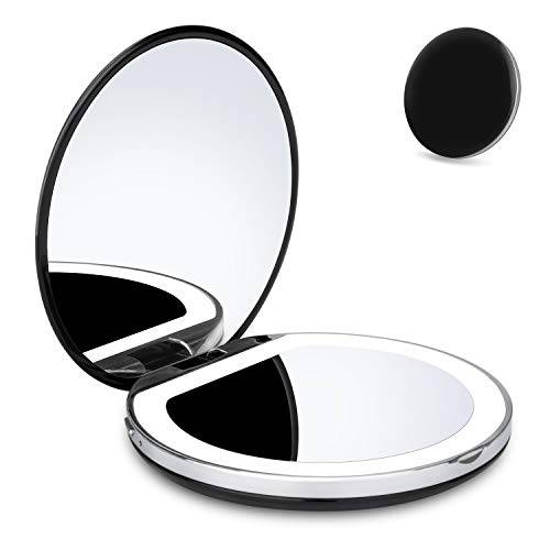 YUSONG Makeup Mirror, Compact Mirror Pocket Mirror Small Portable Folding Double Sides Round Mirrors with Light Travel Purse Size 1x/5x Magnifying USB Rechargeable Mirror for Women (Black)