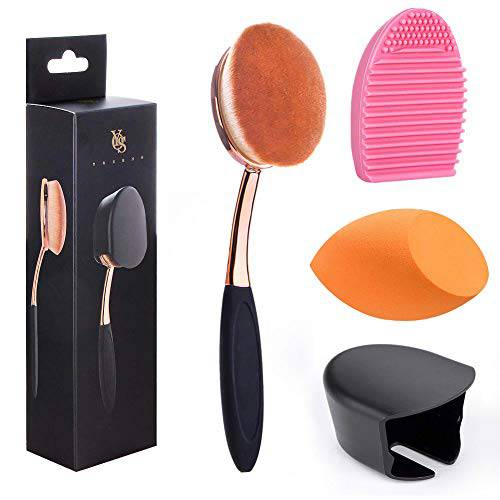 Large Rose Gold Foundation contour Round Toothbrush Dust Free Oval Makeup Brushes with Blending Sponge dustproof cover brush egg cleaner …
