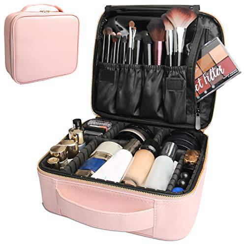 Bvser Travel Makeup Case, PU Leather Portable Organizer Makeup Train Case Makeup Bag Cosmetic Case with Adjustable Dividers for Cosmetics Makeup Brushes Women (Pink)