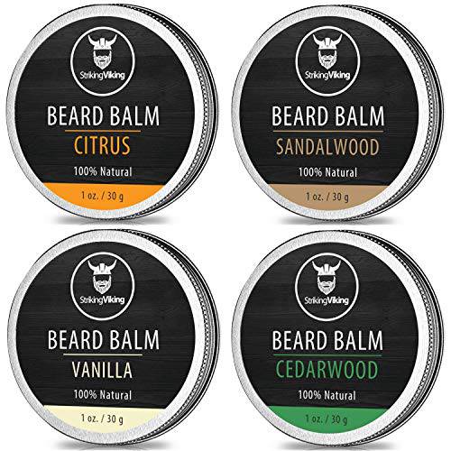 Striking Viking Beard Balm Conditioner for Men - Variety 4 Pack with Vanilla, Sandalwood, Citrus & Cedarwood Scents - Styles & Conditions with Natural Shea Butter, Argan & Jojoba Oils