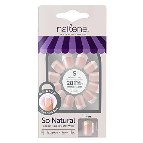 Nailene So Natural Short Artificial Fake Nails, Pink French Fuzzy with 28 Nails (12 Sizes) & Nail Glue Included, Designed for Comfort & Natural Look, 31 Count