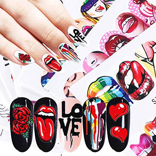Towenm 9 Sheets Nail Stickers Water Transfer Nail Art Decals, Trendy Marvel Lip Nail Decals, Manicure Nail Wraps, Sexy Lady Love Kiss Dollar Money Lips Smoke Pattern Nail Sticker - 90 Patterns Supplies