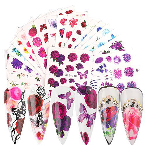 24 Sheet Flowers Nail Art Stickers Butterfly Nail Decals for Women Rose Nail Art Supplies with Assorted Colorful Floral Leaves Design Water Transfer Foil Tattoo DIY Decoration Fingernail Manicure Tips
