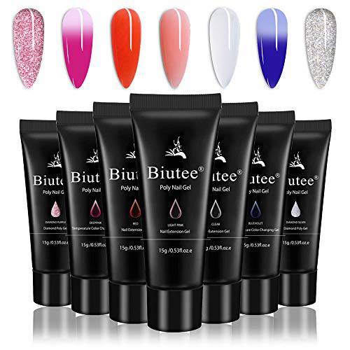 Biutee Poly Nail Gel Set 7 Colors Poly Nail Extension Builder Gel Kit Temperature Color Changing Glitter Clear Blue Pink Extension Enhancement Gel for Manicure Professional Starter DIY