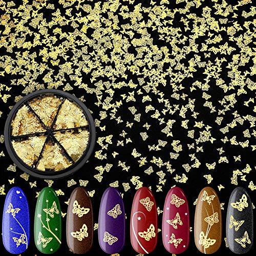 1000 Pieces Gold Metallic Butterfly Nail Design Stickers with Box, Metal Nail Decal Hollowed Nail Studs Metallic Slice Nail Decorations for Women Girls DIY Nail Design