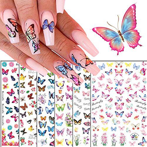 3D Butterfly Nail Art Decals Sticker Nails Supply Flower Butterfly Nail Design Stickers Self-Adhesive Nail Decorations DIY Butterflies Nail Art Stickers Acrylic Nails Design Decor (6 Sheets)