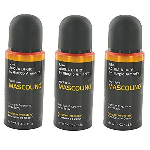 Designer Imposters Mascolino by Parfums De Coeur Body Spray 4 oz for Men (SET OF 3)