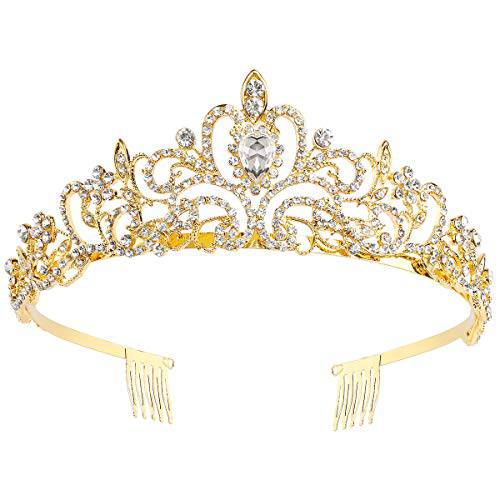 Makone Crystal Queen Crowns and Tiaras with Comb Headband for Women and Girls, Princess Crowns Hair Accessories for Wedding Birthday Halloween Costume Cosplay (02 Gold)