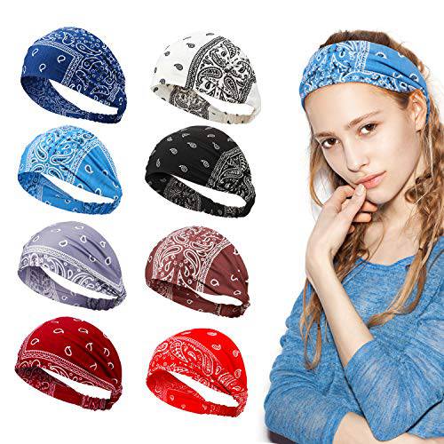 8 Pieces Boho Bandana Headbands Elastic Paisley Headbands Stretchy Yoga Headwraps Vintage Wide Hairbands Cute Hair Accessories for Women Girls Favors