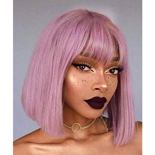 ANNIVIA Purple Pink Short Bob Wig with Bangs for Women 12inch Corlor Synthetic Straight Wigs with Bangs Halloween Cosplay Party Wig (Purple Pink)