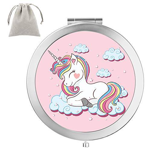 Dynippy Compact Mirror Round Silver Double-Sided with 2 x 1x Magnification Makeup Mirror for Purses and Travel Folding Mini Pocket Mirror Portable Hand for Girls Woman Mother Great Gift - Unicorn