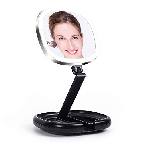 BEAUTIFIVE LED Travel Lighted Makeup Mirror with Hall Sensor, 3 Colors Light Modes Portable Mirror with Light, Rechargeable Light up Mirror with Adjustable Stand, Dimmable Cosmetic Mirror