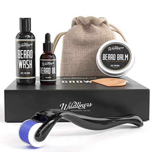 Beard Growth Kit - Complete Beard Grooming Kit for Men with Titanium Microneedle Beard Roller, Natural Beard Oil, Wash, Balm for Hair Growth & A Wooden Comb, Growth Guide, Travel Pouch, Gifts for Men
