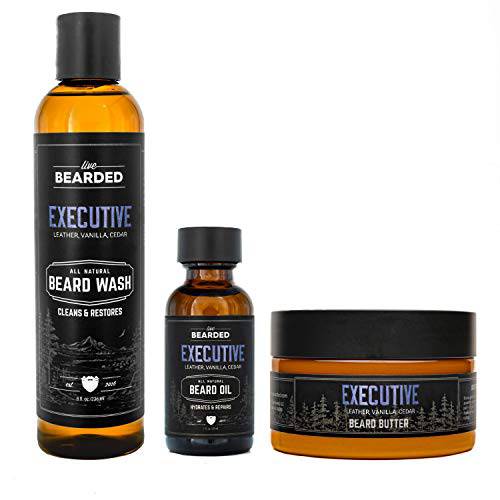 Live Bearded: 3-Step Beard Grooming Kit - Executive - Beard Wash, Beard Oil and Beard Butter - All-Natural Ingredients with Shea Butter, Jojoba Oil and More - Beard Growth Support - Made in The USA