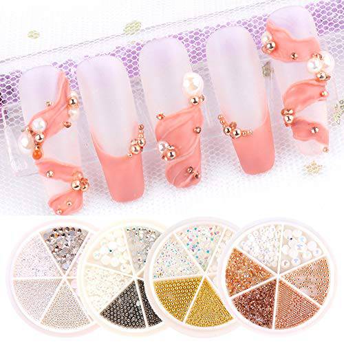 Nail Art Rhinestones Kit 3D Crystal Caviar Beads for Nails Supply 4 Boxes Mix Metal Rhinestones AB Pearl Glass Gems for Nail Art Decorations Manicure Tips Charms Gold Silver White Color Set