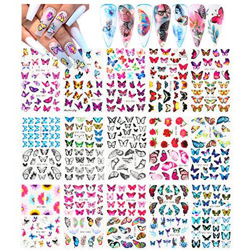 Le Fu Li 30 Sheets Butterfly Nail Art Stickers Nail Art Water Transfer Sticker with Butterfly Flower Patterns Manicure Tips，Nail Tips DIY Toenails Nail Art Decorations Accessories Decals