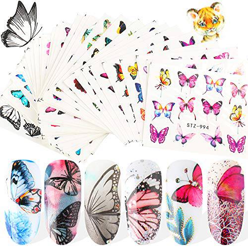 Butterfly Nail Art Stickers Flowers Nail Decals 30 Types Butterflies Design for Acrylic Nails Charms Full Cover Wrap Tips Water Transfer Foil Nail Supplies Decorations Accessories for Manicure DIY
