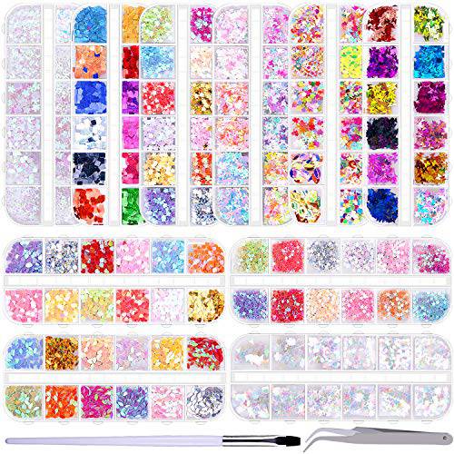 Duufin 10 Boxes Nail Sequins Colorful Nail Art Glitter Confetti Holographic Shining Nail Flakes 3D Laser Thin Star Heart Glitter Sequin for Nail Art Decoration with 1 Pc Tweezers and a Nail Brush Pen