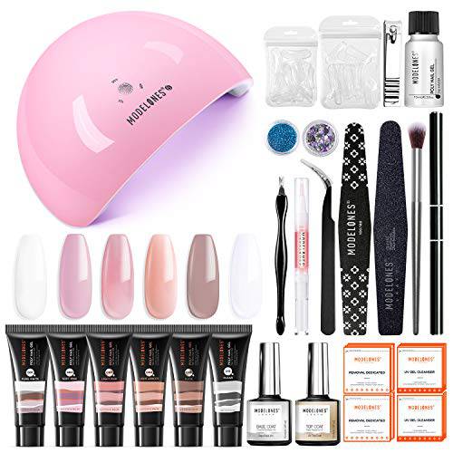 Modelones Poly Nail Gel Kit - 6 Colors with 48W Nail Lamp Slip Solution Rhinestone Glitter All In One Kit for Nail Manicure Beginner Starter Kit DIY at Home Beauty Gift for Christmas New Year