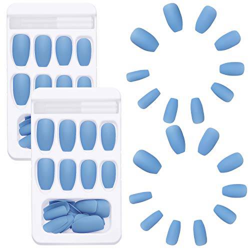 48 Pieces False Nails Matte Full Cover Coffin Fake Nails Medium Ballerina Acrylic Artificial Nails Tips Set for Women Girls Nail Decorations (Blue)