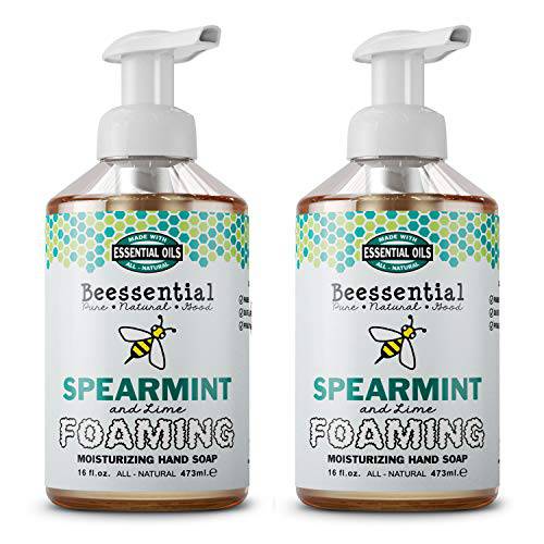 Beessential All Natural Foaming Hand Soap, SPEARMINT 16 Fl oz 2 Pack | Essential Oils, Made with Moisturizing Aloe & Honey - Made in the USA
