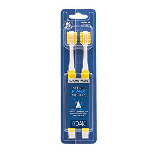 Ooak Toothbrush, Tapered V++Max Medium Bristles, 2 Pack Yellow