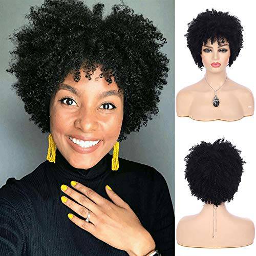 Sallcks Short Black Kinky Afro Wig for Black Women Short Curly Afro Wigs Natural Synthetic Curly Cosplay Costume Wigs with Wig Cap