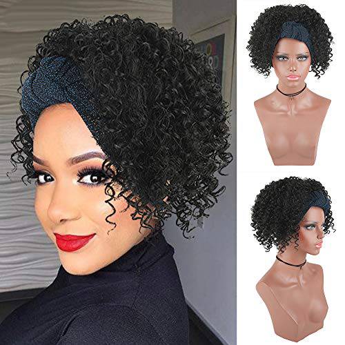 KRSI Afro Puff with Headwrap Synthetic 2 in 1 Short Afro Kinky Curly Full Wig Updo Head-Wrap Wig with Turban Curly Wave Drawstring Ponytail Headband Wig for Black Women (4/630)