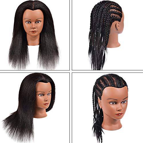 100% Real Hair Mannequin Head Hairdresser Yaki Hair Training Head Manikin Cosmetology Doll Head Afro Mannequin Head for Braiding Hair Styling Practice with Clamp stand