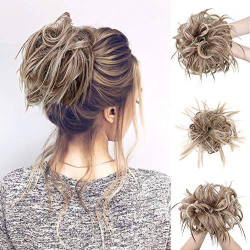 FORCUTEU Messy Bun Hair Piece Tousled Updo Hair Piece Scrunchies Synthetic Wavy Bun(Brown Mix Natural Blonde) Extensions Rubber Band Elastic Scrunchie Chignon Instant Ponytail for Women
