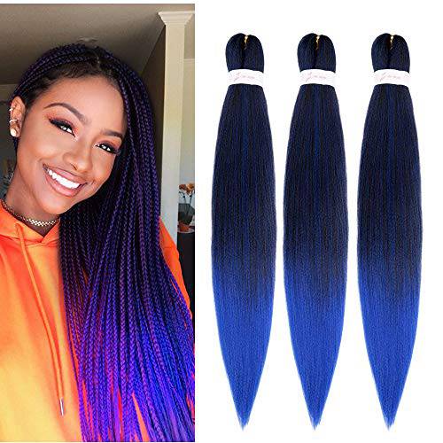 26 Inch Pre-stretched Braiding Hair Corchet Braids Yaki Texture Hair Extensions Synthetic Professional Itch Free Hot Water Setting Soft Hair for Senegalese Twist(T1B/blue)