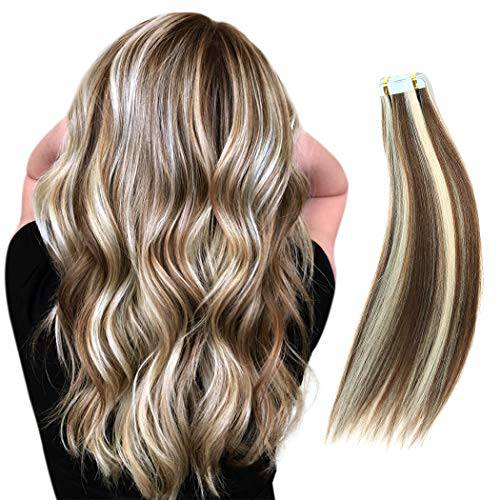 RINBOOOL Tape in Hair Extensions Human Hair 12 Inch 30 Gram, Platinum Blonde Highlighted Medium Brown Piano Color P6/60