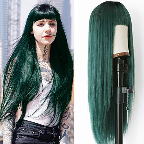 HILYN Green Wig Straight Wigs With Air Bangs Machine Wigs Dark Rooted Ombre Green 2 Tone Color Long Heat Resistant Fiber Synthetic Hair Glueless 24 Inches