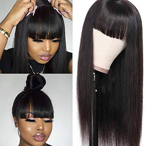 Lzlefho Silky Brazilian Virgin Straight Human Hair Wigs with Bangs 130% Density None Lace Front Wigs Glueless Machine Made Wigs for Black Women Natural Color (18inch)