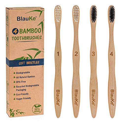 BlauKe® Bamboo Toothbrushes Soft Bristles 4-Pack – Biodegradable, Sustainable, Natural, Eco-Friendly – Black Charcoal Wooden Toothbrushes