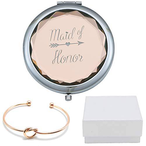 COFOZA Maid of Honor Champagne Compact Pocket Makeup Mirror with Rose Gold Knot Bracelet and Gift Box for Wedding Proposal Gift