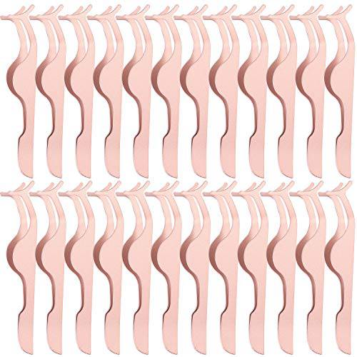 24 Pieces False Eyelashes Applicator Tool Stainless Steel Eyelash Extension Tweezers Remover Clip Tweezers Nipper Eyelash Auxiliary Clip for Women Girls Makeup Application and Removal (Rose Gold)