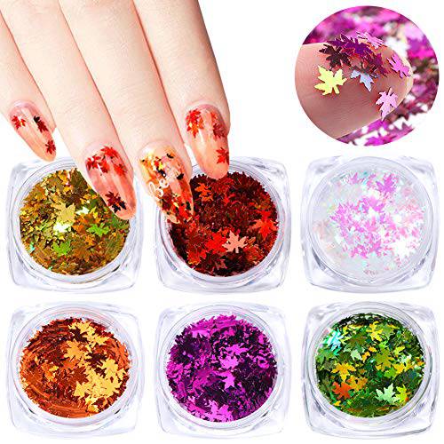 6 Colors Fall Nail Art Stickers Maple Leaf Glitter Nail Sequins Holographic 3D Laser Flakes Fall Glitter Nail Art Supplies Autumn Maple Leaves Glitter for Nails Decorations Confetti Glitter Sheets
