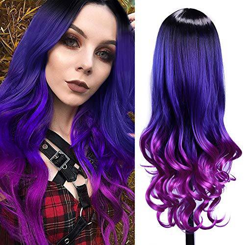 HANNE 3 Tone Ombre Color Long Curly Wig Black to Blue to Purple Hair Heat Resistant Dark Root Synthetic Hair Natural Looking Wavy Wig High Density Full Wigs for Women (1B/Blue/Purple)