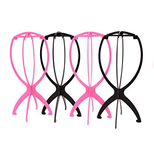 4 Pack Wig Stand Holder, Premium 14.2 Black and Pink Portable Collapsible Wig Holder for Multiple Wigs, Durable Wig Stands for Women