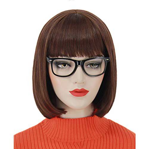 Ruina Short Brown Bob Wigs for Women Girls Velma Wig Costume Straight Brown Hair Wig with Bangs Natural Cute Synthetic Wigs for Daily Party R021BR