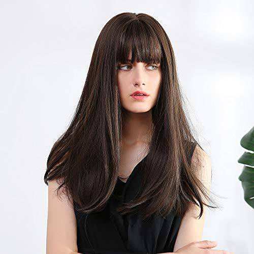 King Gift 20 Light Brown Wigs with Bangs Dark Root High Density Natural Headline Heat Permanent Hair Wigs for Women