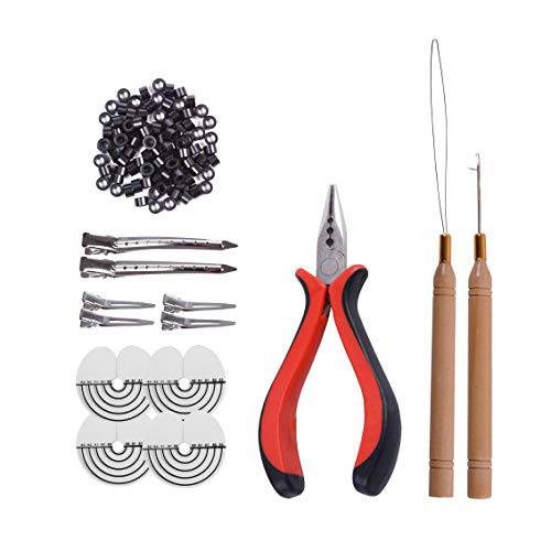 200pcs Silicone Micro Rings Hair Extensions Tools Kit: Three-hole Hair Pliers, Micro Pulling Hook Needle, Loop Threader and Silicone Micro Links (Black)