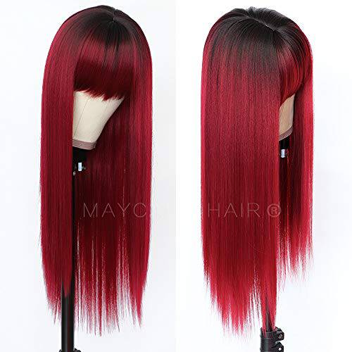 Maycaur Red Color Synthetic Hair Wigs with Full Bangs Black Red Ombre Color Long Straight Women’s Wig Heat Resistant Synthetic No Lace Wigs for Fashion Women