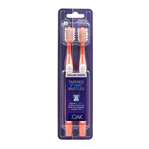 Ooak Toothbrush, Tapered V++Arc Soft Bristles, Standard Brush Head 2 Pack Coral