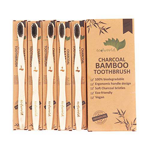 ECOFWORLD Soft Charcoal Bamboo Toothbrush - Natural Wooden Organic | USDA Certified Eco-Friendly | Extra Soft BPA Free Bristles Biodegradable | Individually Packed (Adults - 5 Pack)