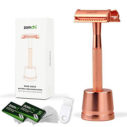 Safety Razor for Women, Butterfly Open Safety Razor with 5 Blades,Women Razor with a Delicate Box,Free of Plastic (Rose Gold Razor Stand Style)