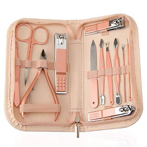 Nail Clippers and Beauty Tool Portable Set, Rose Gold Martensitic Stainless Steel Manicure Set 12 in 1, with Pink Leather Bag, Suitable for Home, Workplace, Outdoor Travel, Gift Giving, Beauty Salon.