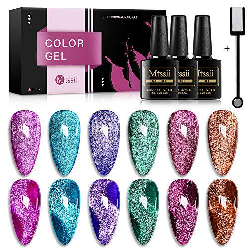 MTSSII Rainbow Cat Eye Gel Nail Polish Amber Laser Rainbow Holographic Cat Eye Nail Gel Magnetic Gel Nail Polish with 5 Bottles Amber Jelly Gel Polish Fall Autumn Colors and One Magnetic Stick
